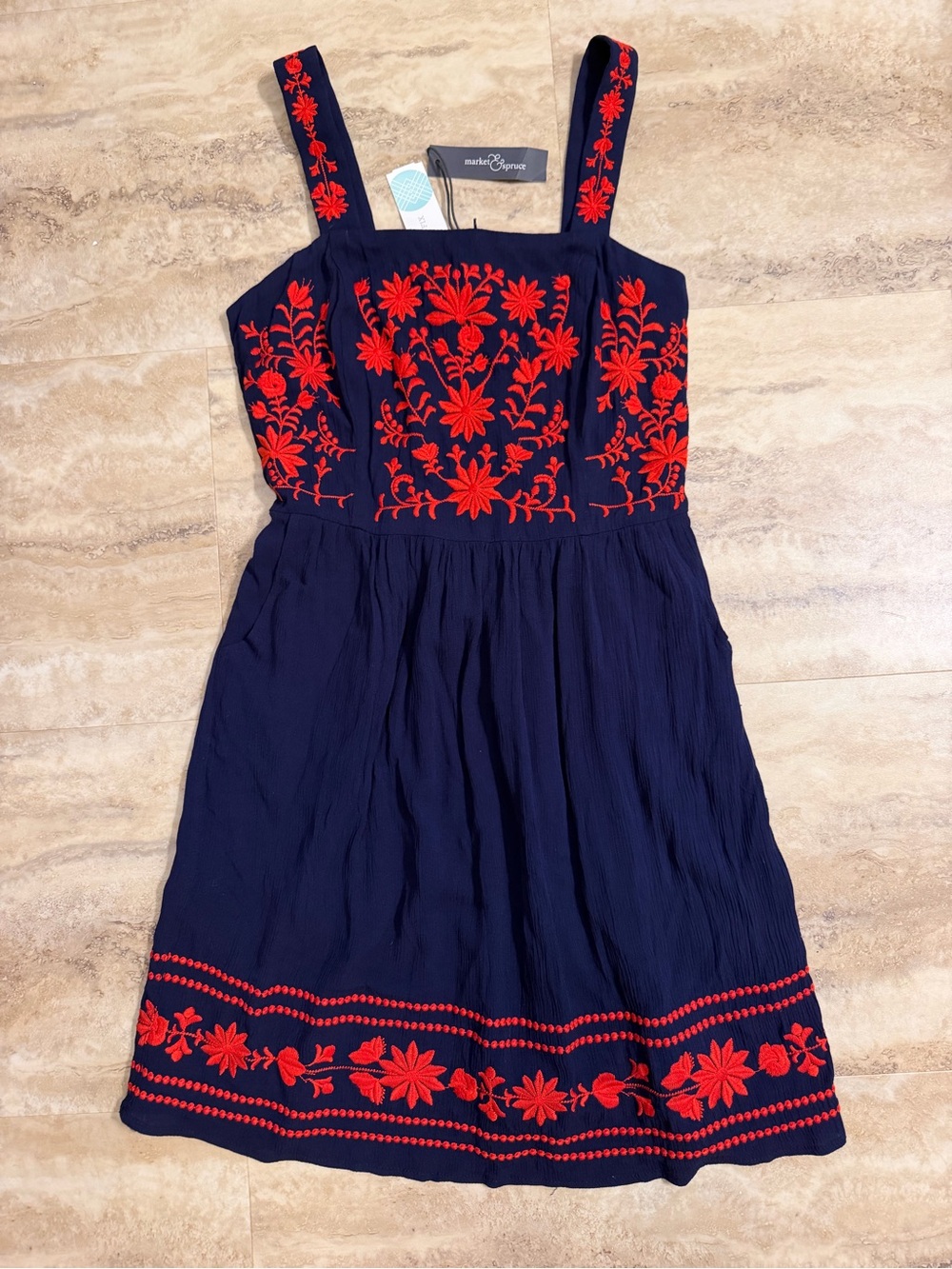 NWT market & spruce Navy Dress with Red Floral Embroidery
